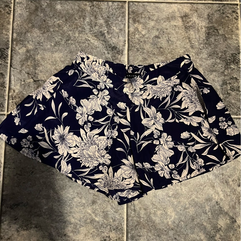 Navy blue floral print high waisted shorts